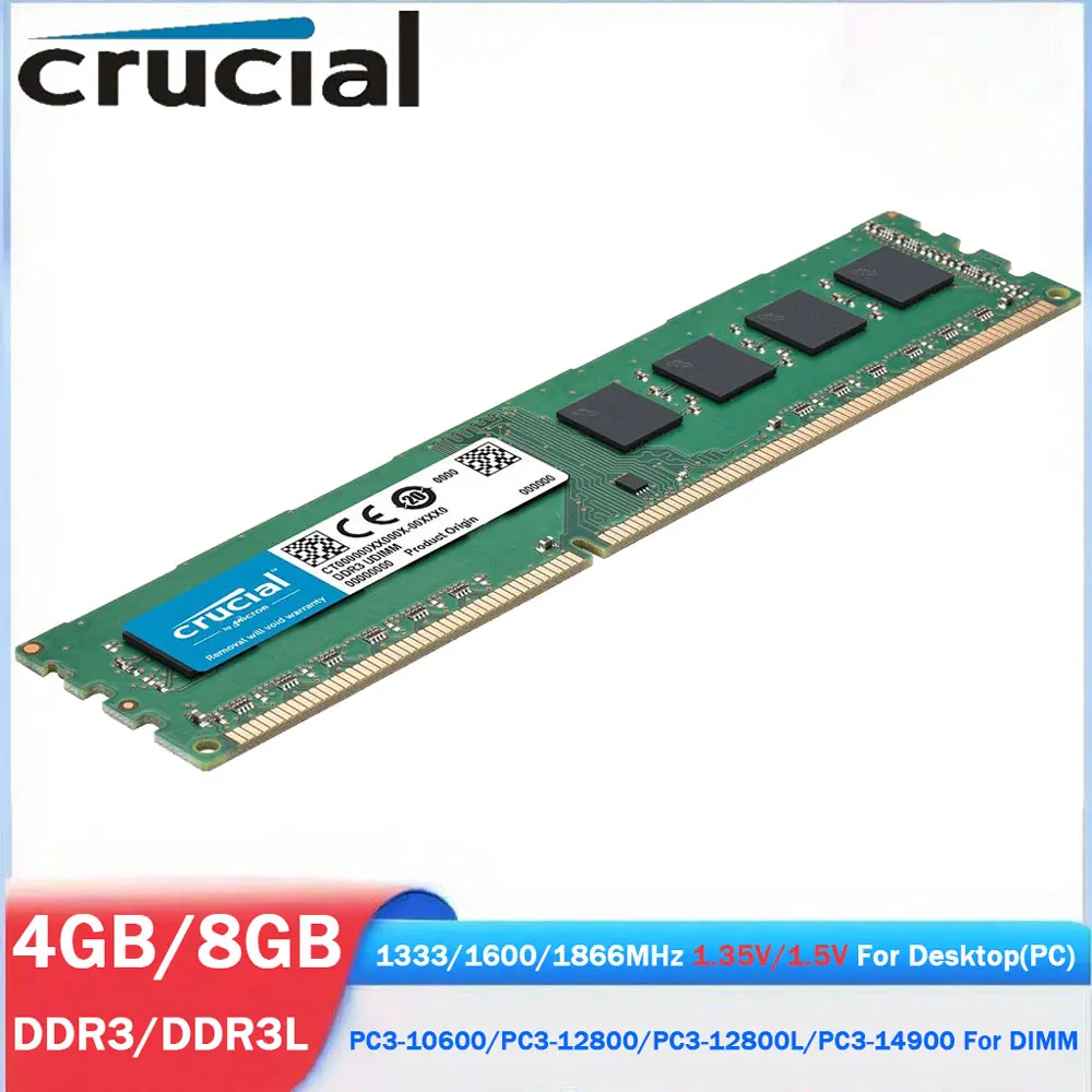 Memória crucial ram ddr3 ddr3l 4gb 8gb 1600mhz 1333 1866mhz memória dimm 1.35v 1.5v 240pin PC3-10600 PC3L-12800 14900 para desktop