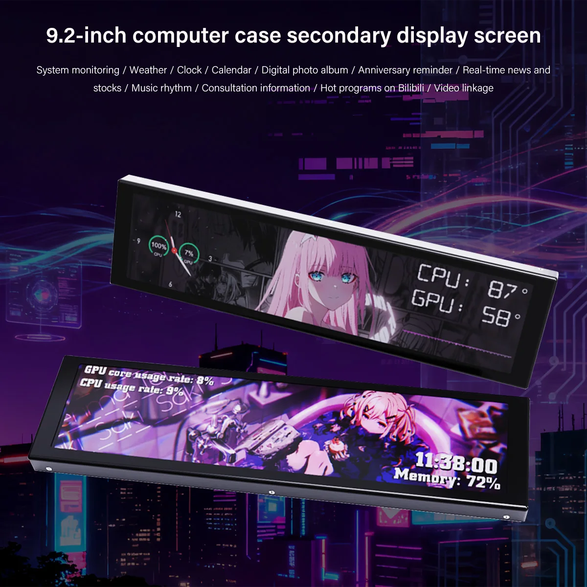 Tela Secundária de 9.2" IPS para PC, Monitor de Hardware em Tempo Real AIDA64, Sub Display Personalizado DIY USB Tipo-C para PC Gamer Tela Secundária de 9.2" IPS para PC, Monitor de Hardware em Tempo Real AIDA64, Sub Display Personalizado DIY USB Tipo-C para PC Gamer