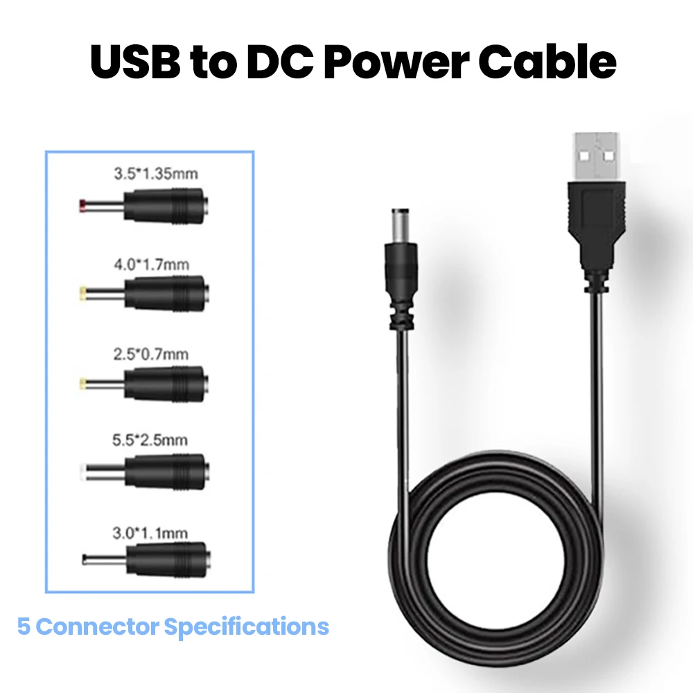 Cabo de Alimentação USB para DC 5V, Conector Multifuncional com 5 Adaptadores para Laptop, Roteador Wifi, Caixa de Som