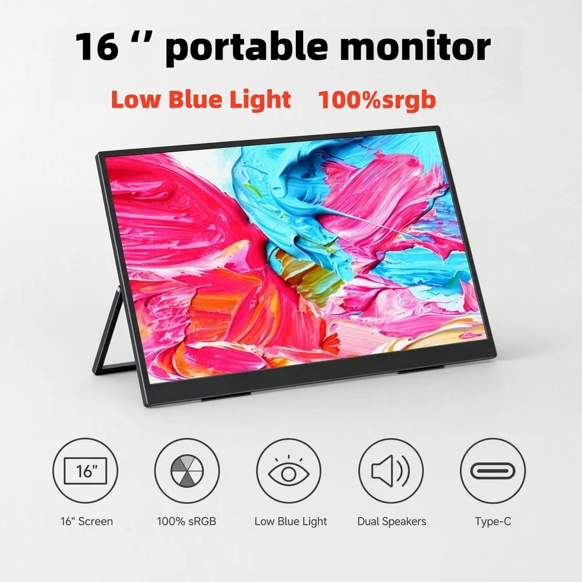 Monitor Portátil de 16 Polegadas, 100% sRGB, Proteção Ocular com Baixa Luz Azul, Tela Estendida Tipo-C, Display Secundário para Laptops e Smartphones
