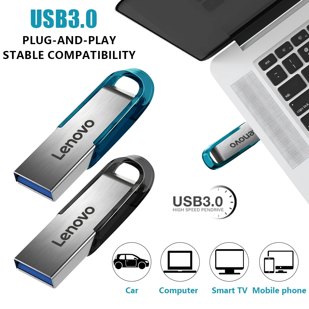 Pen Drive USB Lenovo de 128GB, Mini Pen Drive de Metal, Pen Drive USB de 64GB, Pen Drive de 32GB Prata, Chaveiro Grátis