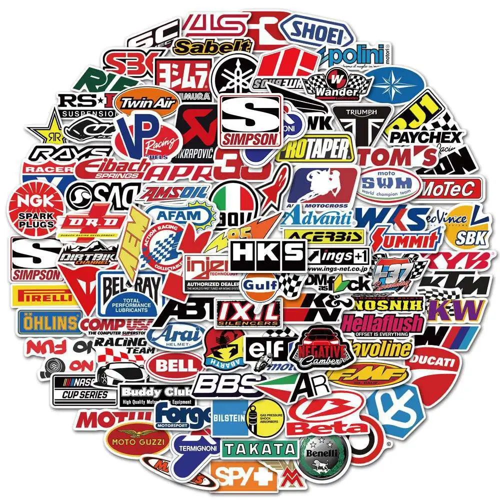 100 Adesivos de Grafite com Logotipos de Carros de Corrida para Carros, Motocicletas, Malas, Cadernos, Skates e Adesivos Impermeáveis