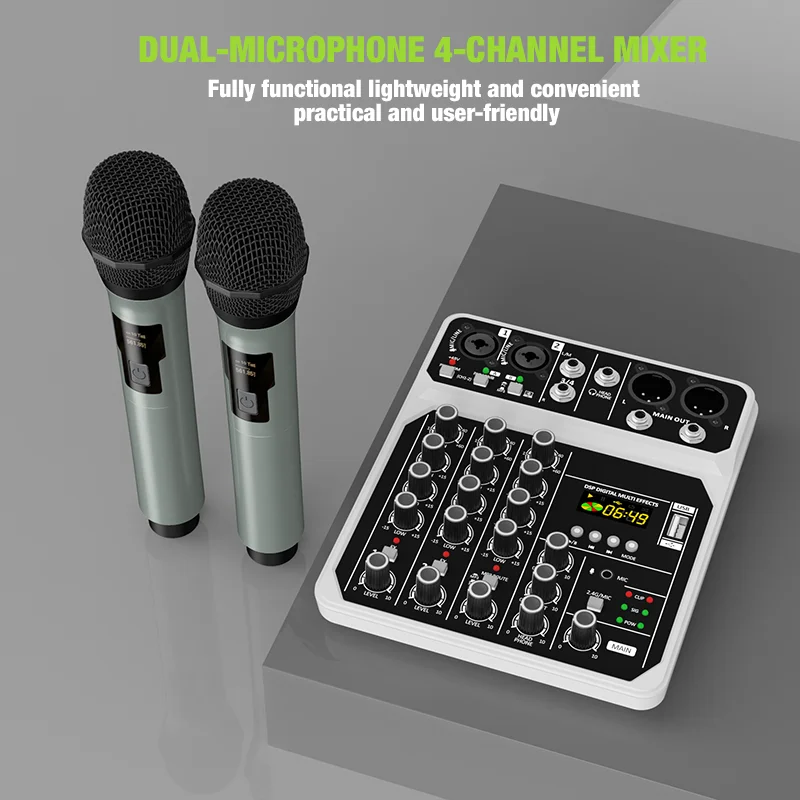 Console de Mixer de Áudio de 4 Canais com Kit de Microfone Sem Fio, Interface de Áudio Bluetooth USB, para DJ, Karaokê, PC, Guitarra Console de Mixer de Áudio de 4 Canais com Kit de Microfone Sem Fio, Interface de Áudio Bluetooth USB, para DJ, Karaokê, PC, Guitarra