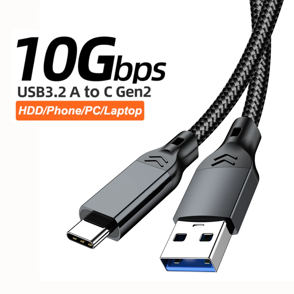 Cabo de Dados USB 3.2 10Gbps Gen2 de 60W, USB A para Tipo C, para Telefones, Discos Rígidos, Laptops, Carros, Câmeras, Carplay, Cabo de Carregamento Rápido