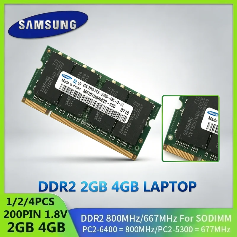 Memória RAM SAMSUNG DDR2 SODIMM para Laptop, Não ECC, Não Bufferizada, 4GB 2GB 667Mhz PC2-5300S 800MHz PC2-6400S 1.8V CL5 para Notebook