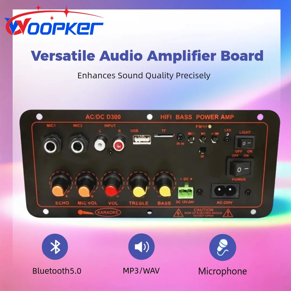 Placa amplificadora de potência Woopker D300/D10, placa de amplificação de áudio 600W, Bluetooth 5.0, suporta dois microfones, USB/TF/AUX/rádio FM. Placa amplificadora de potência Woopker D300/D10, placa de amplificação de áudio 600W, Bluetooth 5.0, suporta dois microfones, USB/TF/AUX/rádio FM.