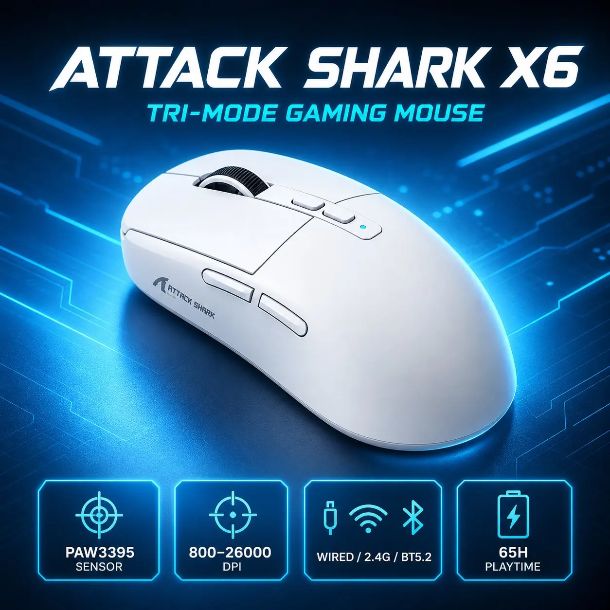 Ataque Shark-X6 Mouse Ergonômico Sem Fio, DPI Ajustável, Com Fio 2.4G, Bluetooth, Alta Precisão, Recarregável