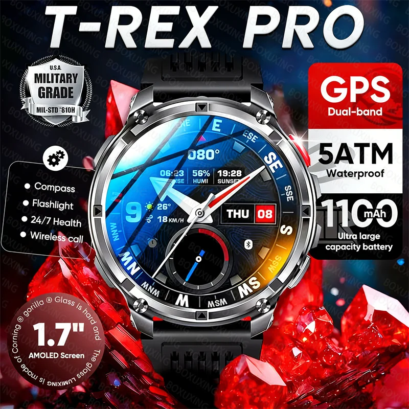 2026 Novo Smartwatch T-Rex3 Pro com Bateria de 1100mAh, GPS, Rastreamento de Caminhada, 5ATM à Prova d'Água, Monitor de Atividades Esportivas, Bússola para Uso Externo, Smartwatch Militar