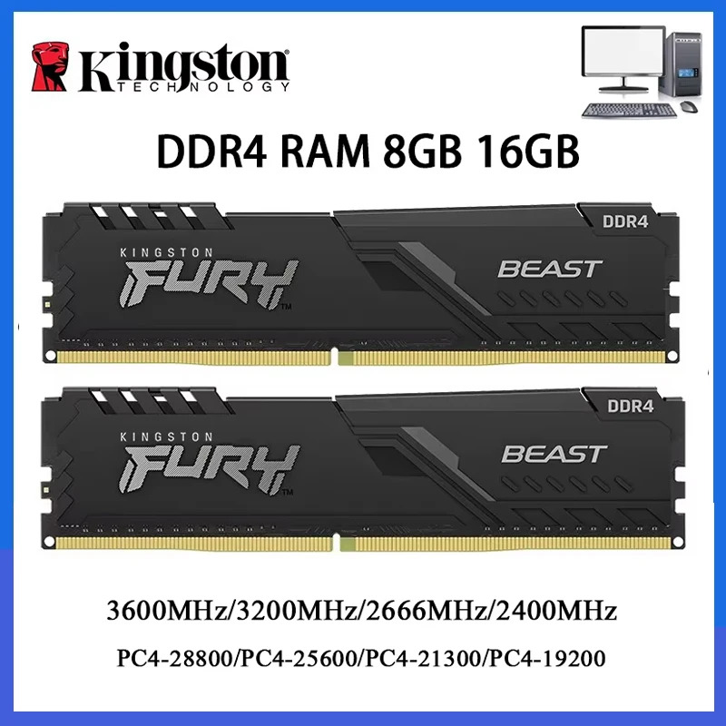 Memória RAM DDR4 Kingston BEAST 3200MHz 2666MHz 3600 2400MHz 8GB 16GB 4GB para Desktop Gaming PC4-25600 PC4-19200 288Pin DIMM DDR4