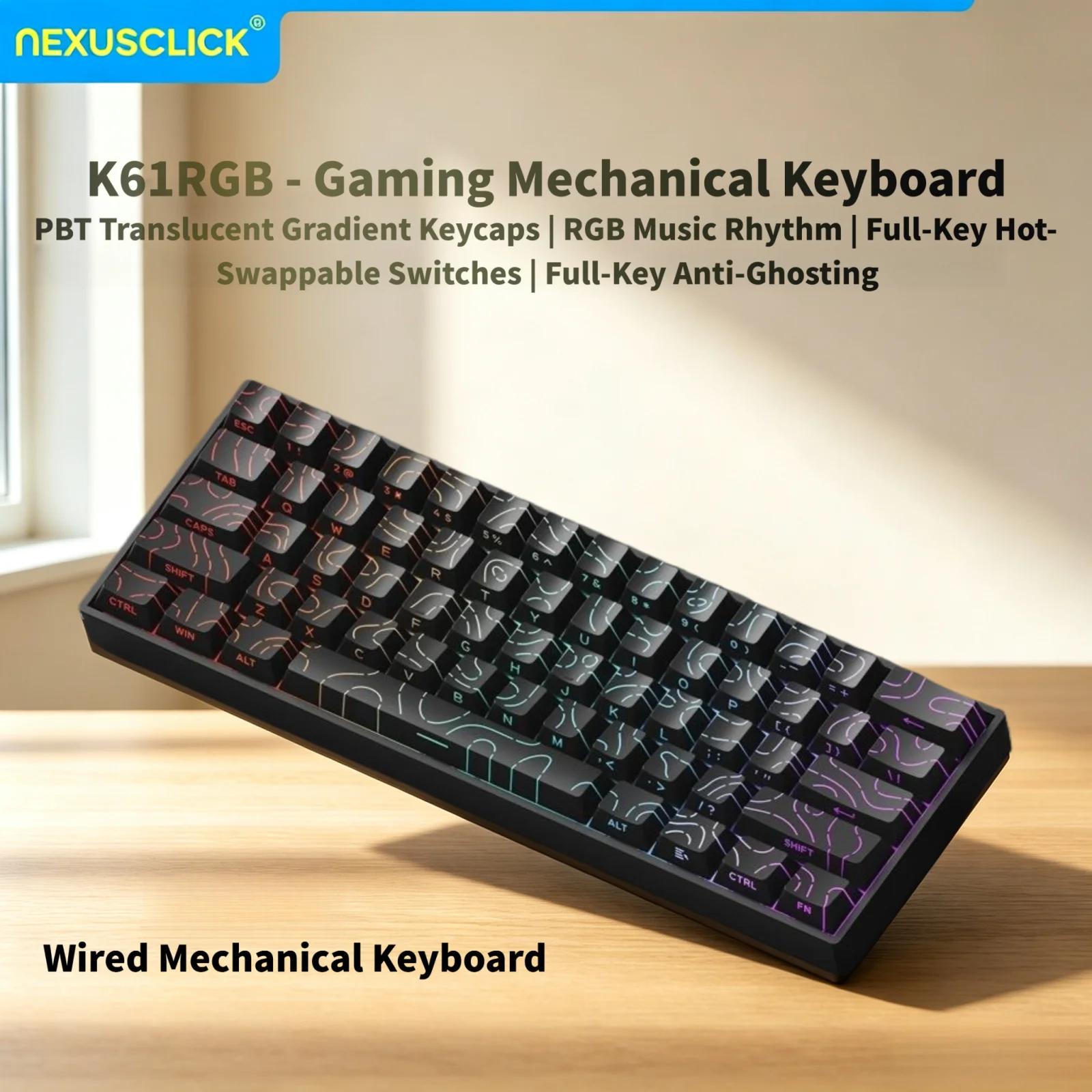 Teclado Gamer Magnético NexusClick de 61 Teclas, Mecânico com Fio para Esports Profissionais, Hot Swappable com Retroiluminação RGB e Keycaps PBT para Gamers de PC