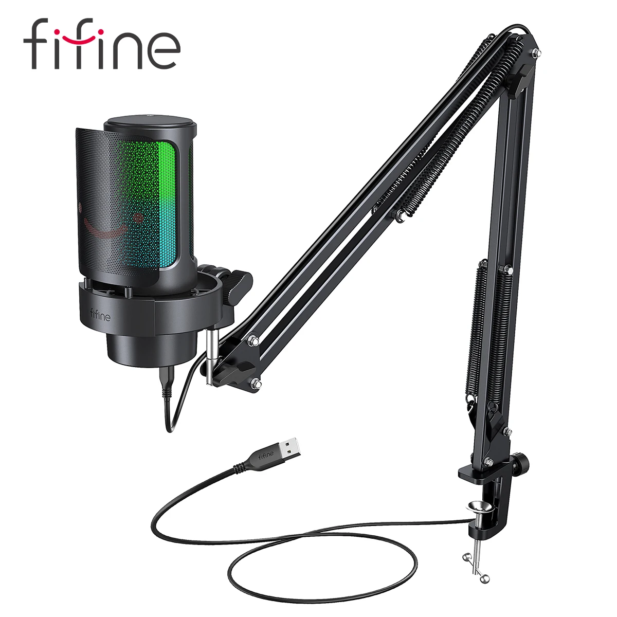Kit de microfone USB FIFINE com braço articulado e filtro pop para gravação e transmissão em PC/Mac, com função de silenciamento rápido e entrada para fone de ouvido - A8T