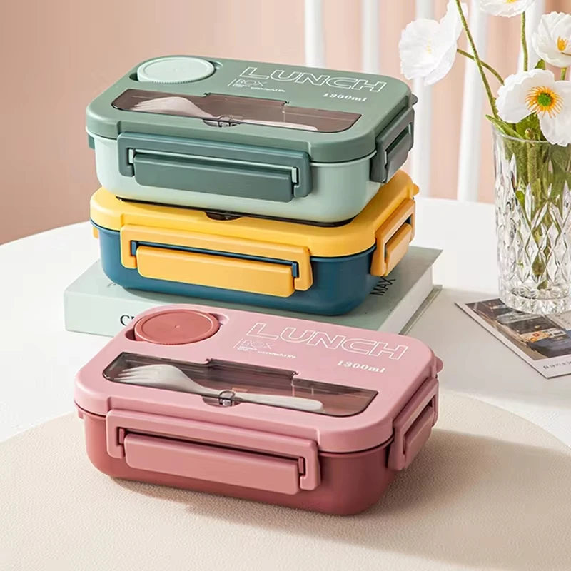 Lancheira com Louça, Lavagem de Louça Microondas, Caixa Bento Hermética para Estudantes, Escola e Escritório para Adultos, 4 Grades, 1300ml