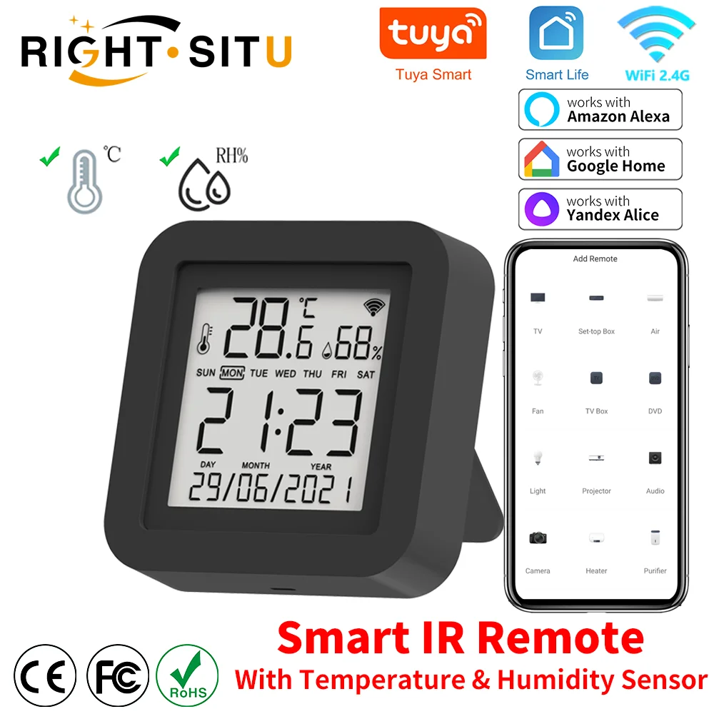 Tuya Inteligente Controle Remoto Universal IR com Sensor de Temperatura e Umidade, Ar Condicionado, TV, AC, Funciona com Alexa, Google Home, Yandex