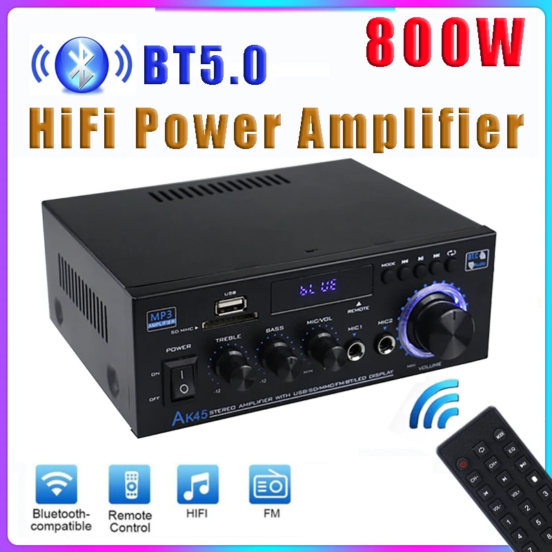 Amplificador de Potência Doméstico AK35/AK45 800W, 2 Canais, Bluetooth 5.0, Mini Amplificador de Som Digital HiFi, Suporta Entrada FM, USB, SD e Microfone