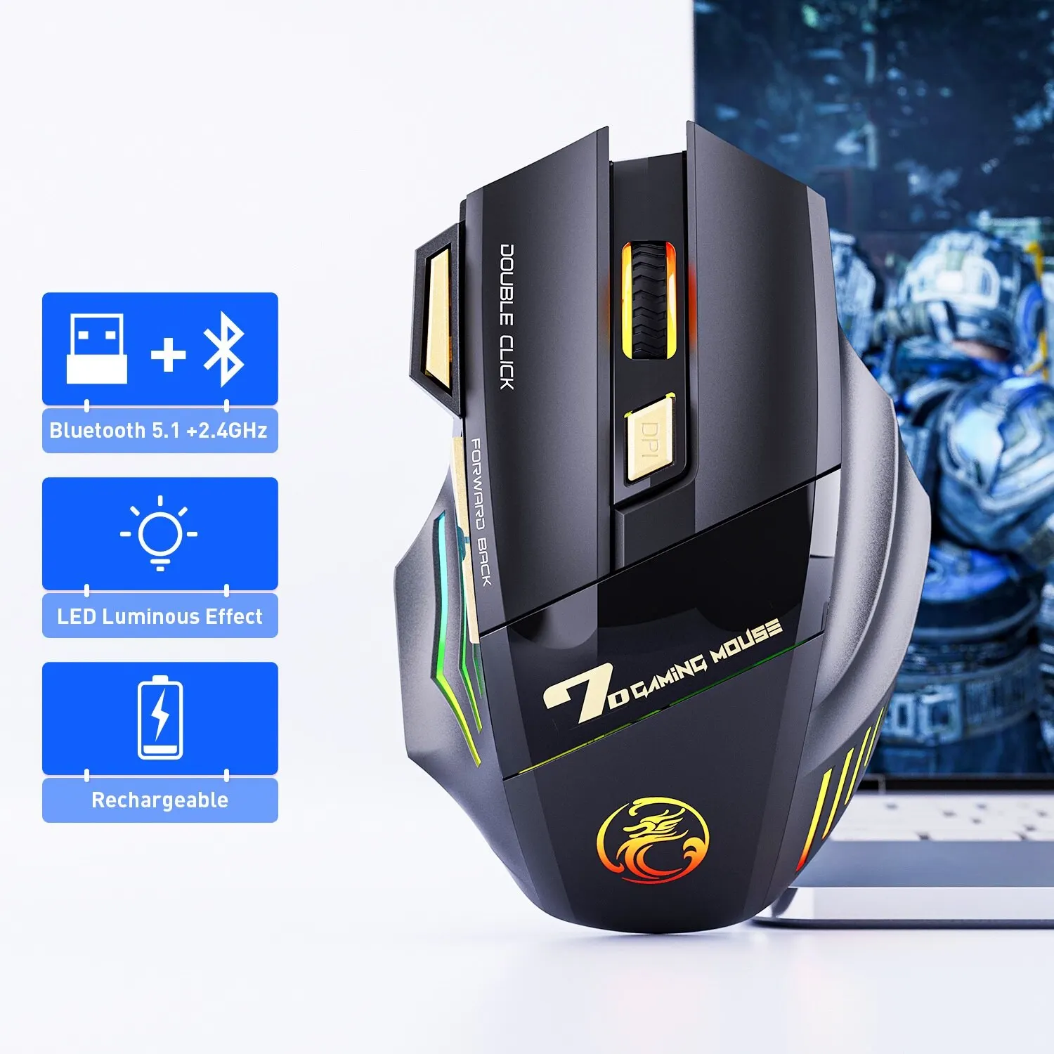 IMICE-Mouse para jogos sem fio, Modo duplo, Recarregável, Mouse silencioso, Bluetooth, 7 teclas, LED de respiração, 3200DPI, 2,4 GHz, 7 cores, USB, GW-X7