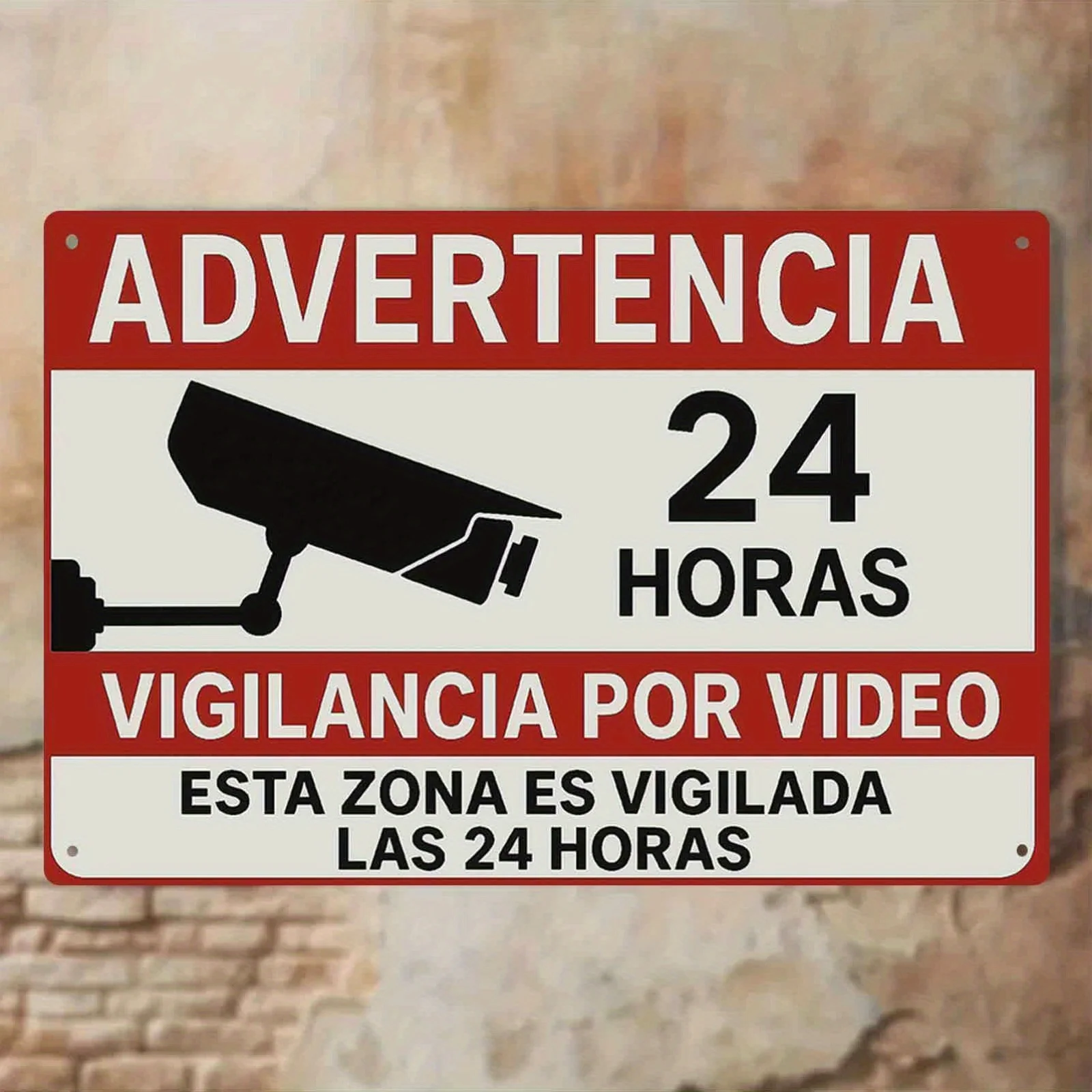 Sinal de arte em ferro espanhol "24 horas de vigilância por vídeo" com cena, decoração de quarto, decoração de jardim, sinal externo, placa decorativa