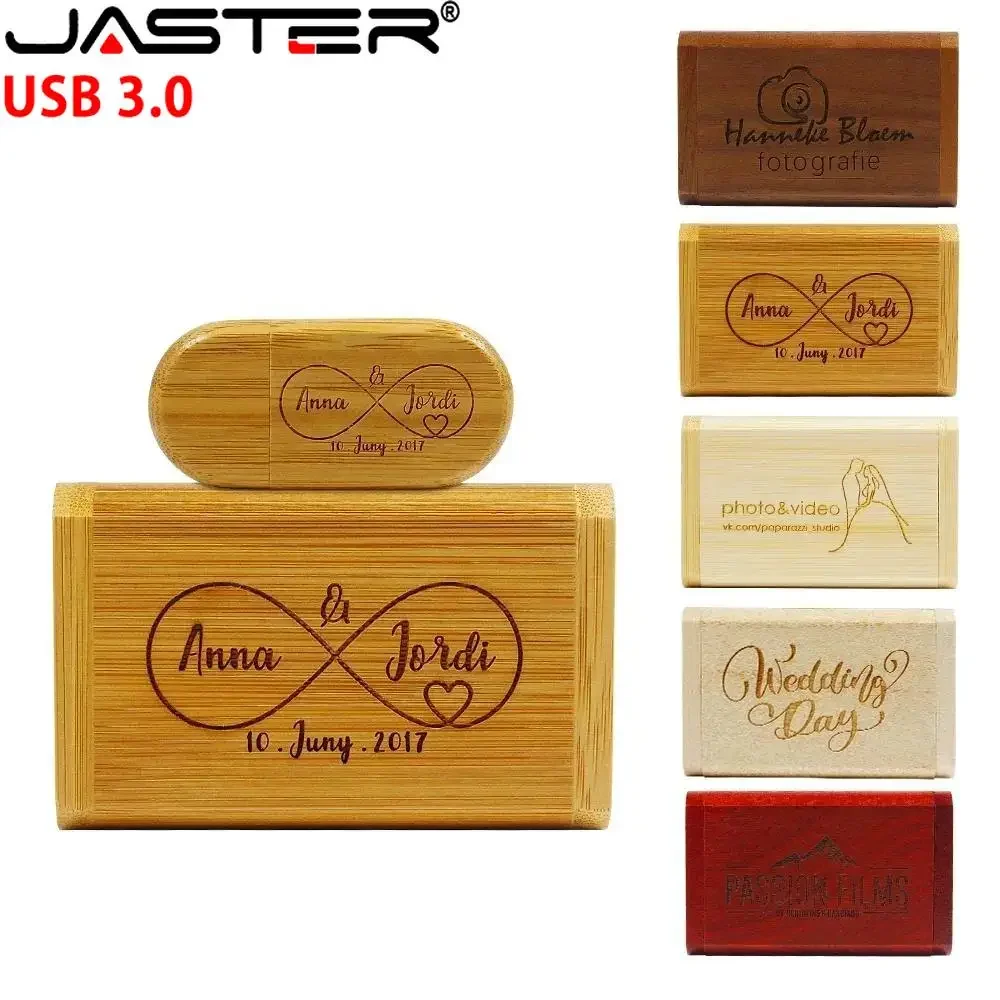 Pen Drive USB 3.0 em Caixa de Madeira JASTER com Logotipo Personalizado Grátis, Pendrive de Bambu, Presente de Casamento, Pen Drive de Memória 128GB 32GB 64GB