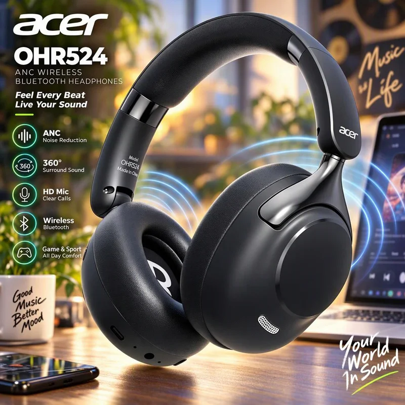 Fones de ouvido Bluetooth sem fio Acer OHR524 ANC 360 ° Fones de ouvido com som surround, fones de ouvido esportivos para jogadores, redução de ruído com microfone HD