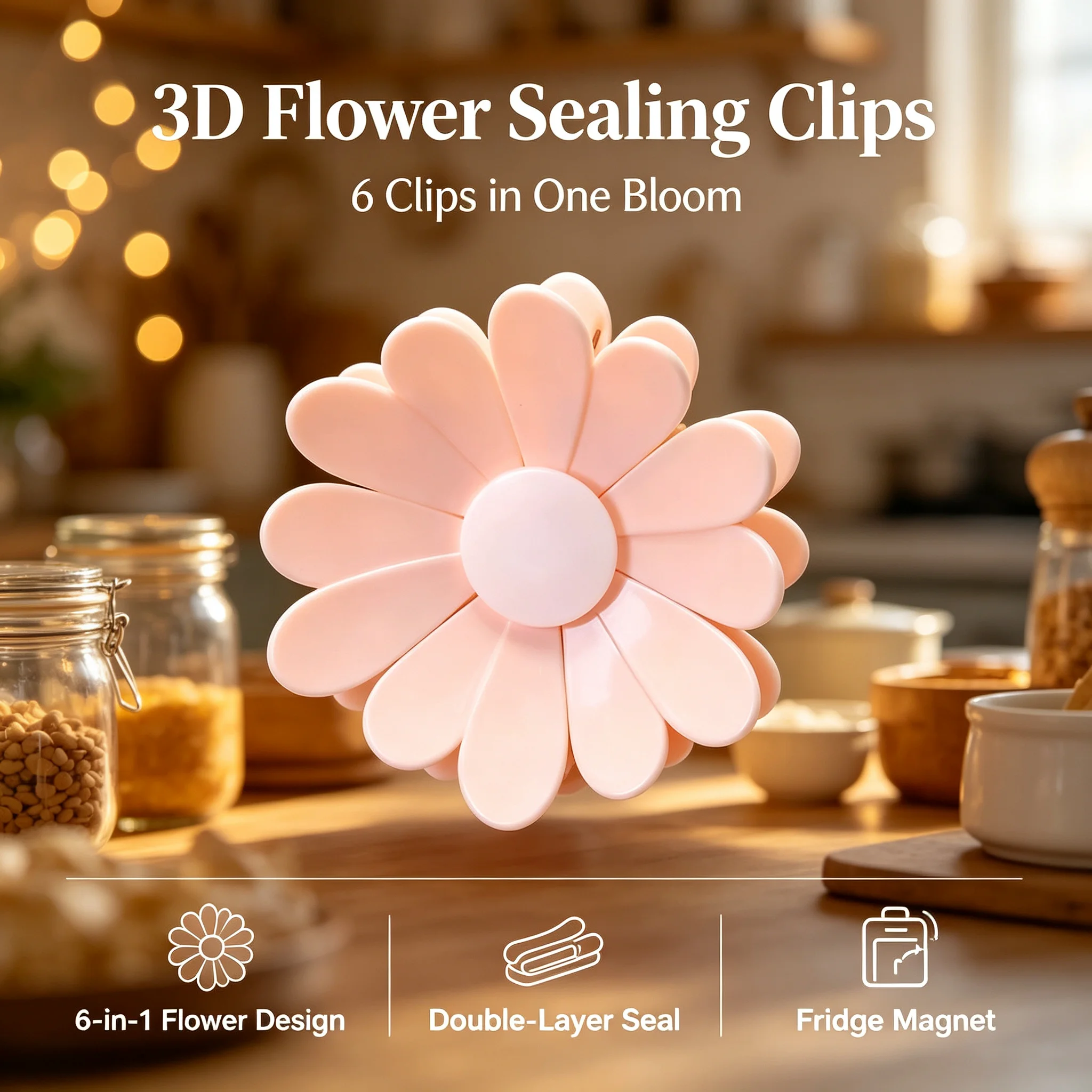 Clipes de Vedação de Dupla Camada 3D para Uso na Cozinha, Ímãs de Geladeira com Design de Lótus/Cerejeira para Vedação de Sacos à Prova de Umidade Clipes de Vedação de Dupla Camada 3D para Uso na Cozinha, Ímãs de Geladeira com Design de Lótus/Cerejeira para Vedação de Sacos à Prova de Umidade