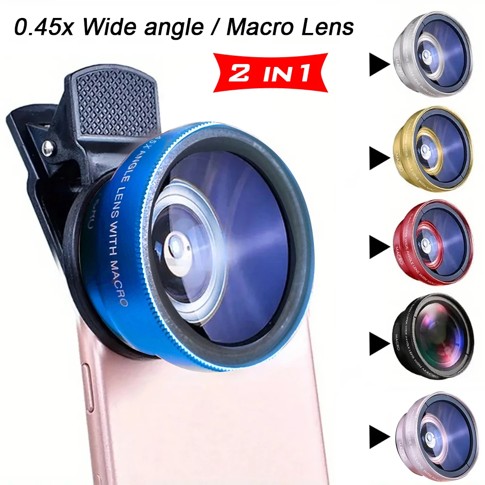 Kit de Lentes para Câmera de Telefone 2 em 1, Lente Grande Angular 0.45x e Lente Macro 12.5x, Lentes HD para iPhone, iOS, Smartphones Android