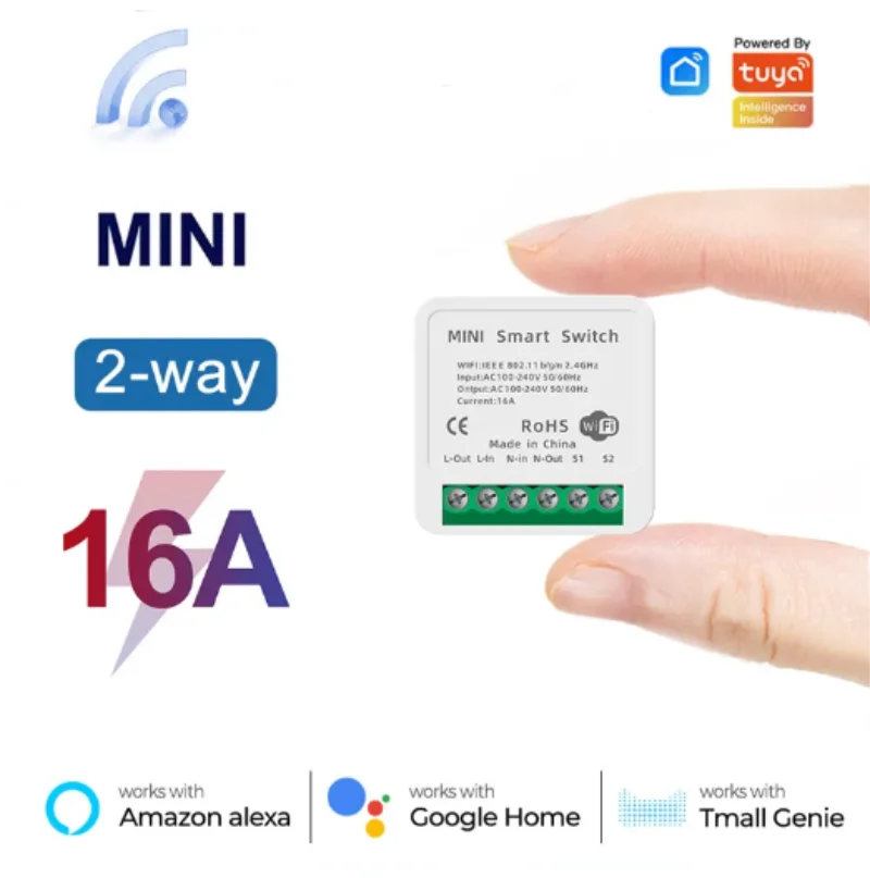 Interruptor WiFi Mini 16A com Controle de 2 Vias pelo App Smart Life, Módulo de Automação Residencial Compatível com Alexa e Google Home