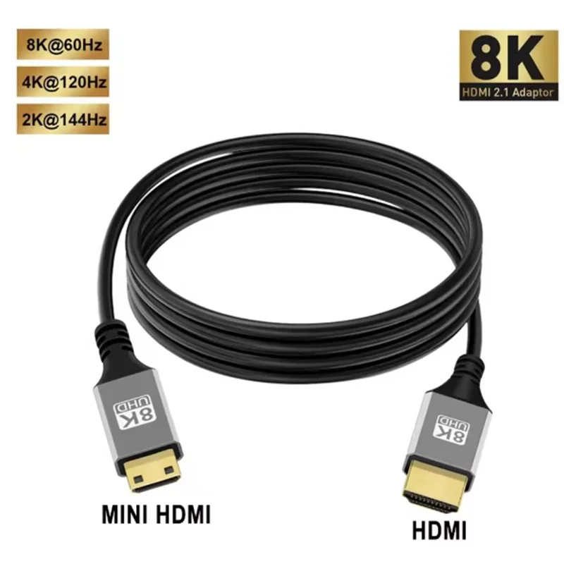 Cabo Mini HDMI para HDMI 8K 60Hz, compatível com 5m, 3m, 2m, 1m, Cabo Mini HD 2.1 para Placa de Vídeo, HDTV, Tablet, Câmera e Filmadora