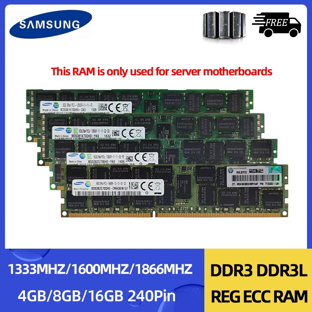 SAMSUNG Memoria DDR3L DDR3 4GB 8GB 16GB 1333 1600 1866MHz Memória de servidor PC3-12800R REG ECC RAM Memória registrada com radiador