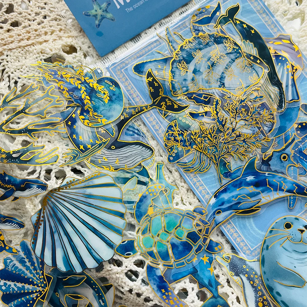 50 pçs criatura marinha adesivos com detalhes de folha de ouro caderno scrapbook diário decorações garrafa de água guitarra decalques diy