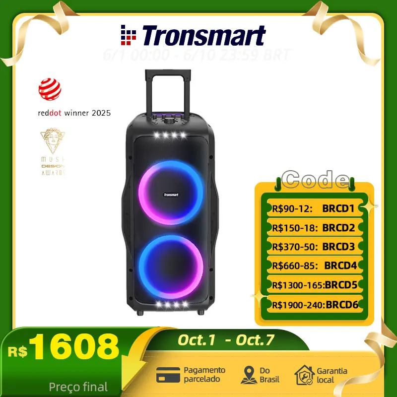 Tronsmart Caixa de Som Bluetooth Halo 300 para Festas, 240W com Entrada para Guitarra/Microfone/XLR, TWS, 20 Horas de Reprodução, Rodas e Alavanca Oculta