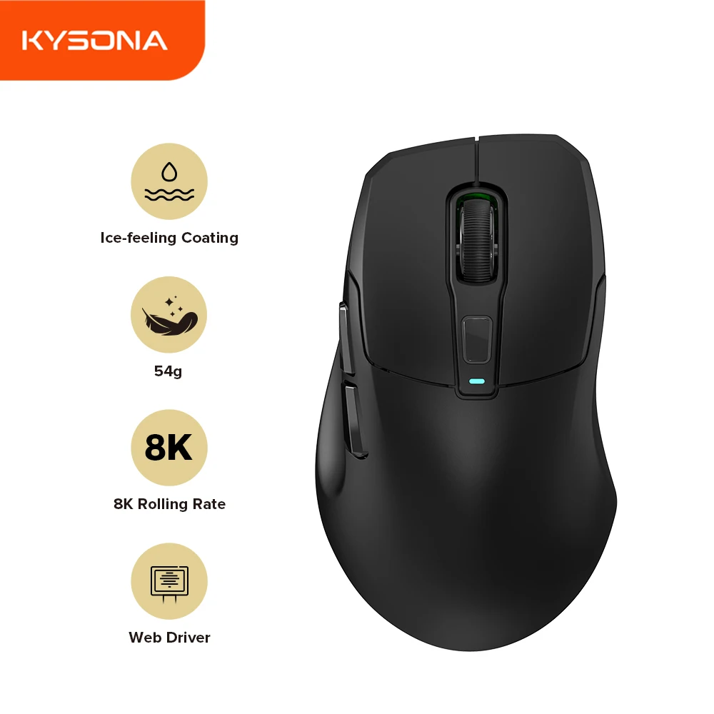 Mouse Gamer Sem Fio Ergonômico KYSONA Uranus PRO PAW3395 54g Taxa de Polling de 8KHz 26000DPI Para Mão Direita e Mãos Grandes PC Gamer
