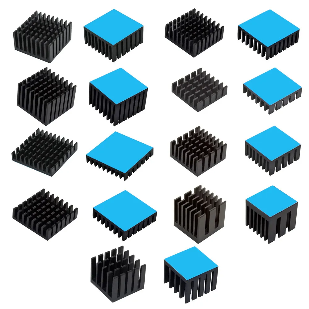 Dissipador de calor em alumínio para resfriamento de chips eletrônicos, ICs, memórias RAM e MOS, com fita termocondutora.
