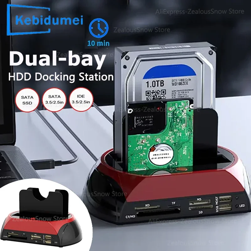 Estação de Disco Rígido com Duas Entradas USB3.0 para SSD/HDD SATA de 2.5/3.5 Polegadas com HUB, Leitor de Cartões SD/TF, Adaptador de Caixa IDE USB2.0, Plugue EU Estação de Disco Rígido com Duas Entradas USB3.0 para SSD/HDD SATA de 2.5/3.5 Polegadas com HUB, Leitor de Cartões SD/TF, Adaptador de Caixa IDE USB2.0, Plugue EU
