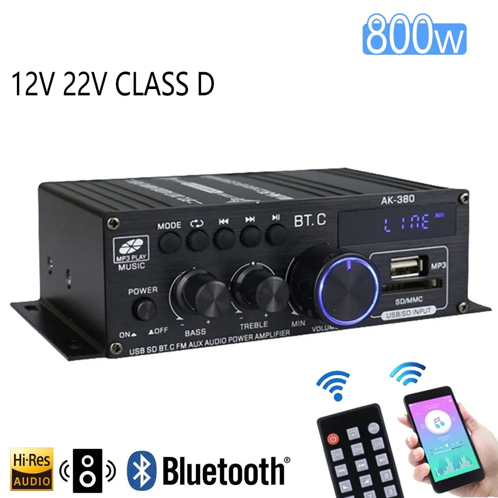 Amplificador Bluetooth AK380 800W HiFi Áudio Karaoke Amplificador de Home Theater 2 Canais Classe D Amplificador USB SD AUX Novo