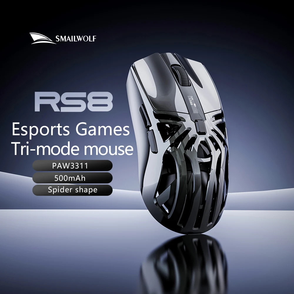 Mouse Gamer Sem Fio SMAILWOLF RS8 Bluetooth 2.4g Três Modos Leve PAW3311 para E-sports Taxa de Retorno de 1K 10000DPI para Computador