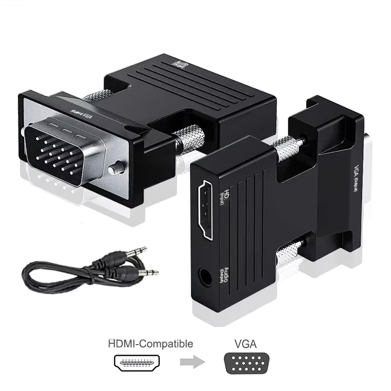 Adaptador hdmi-compatível com vga hd 1080p com cabo de áudio de 3.5mm para pc laptop tv box projetor hdmi-compatível com conversor vga