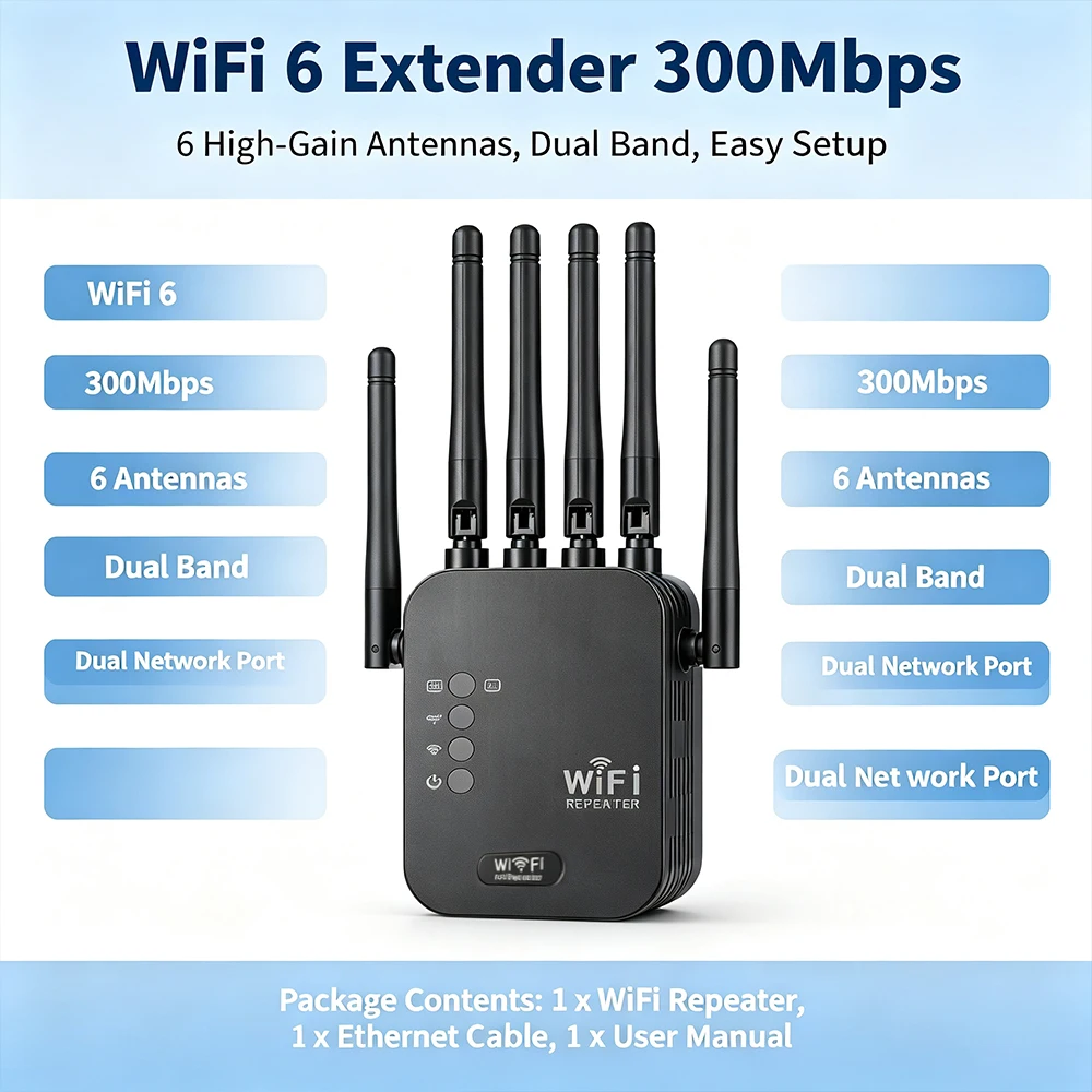 Repetidor WiFi 6 300Mbps com Porta de Rede Dupla, Amplificador de Sinal Sem Fio para Extensor de WiFi Residencial Repetidor WiFi 6 300Mbps com Porta de Rede Dupla, Amplificador de Sinal Sem Fio para Extensor de WiFi Residencial