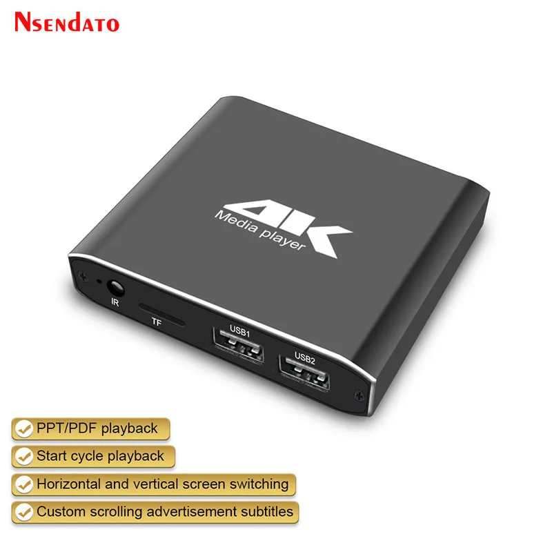 Reprodutor de Mídia HD 4K H.265 para Publicidade, Mini Player de Vídeo MP4 Full HD 1080P, Reprodutor Multimídia para Cartão Micro SD TF, Pen Drive USB