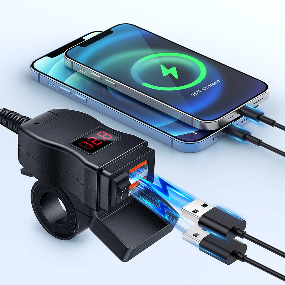 Carregador rápido usb para motocicleta, com interruptor, voltímetro, 12v, adaptador de fonte de alimentação, carregador de guidão para celular
