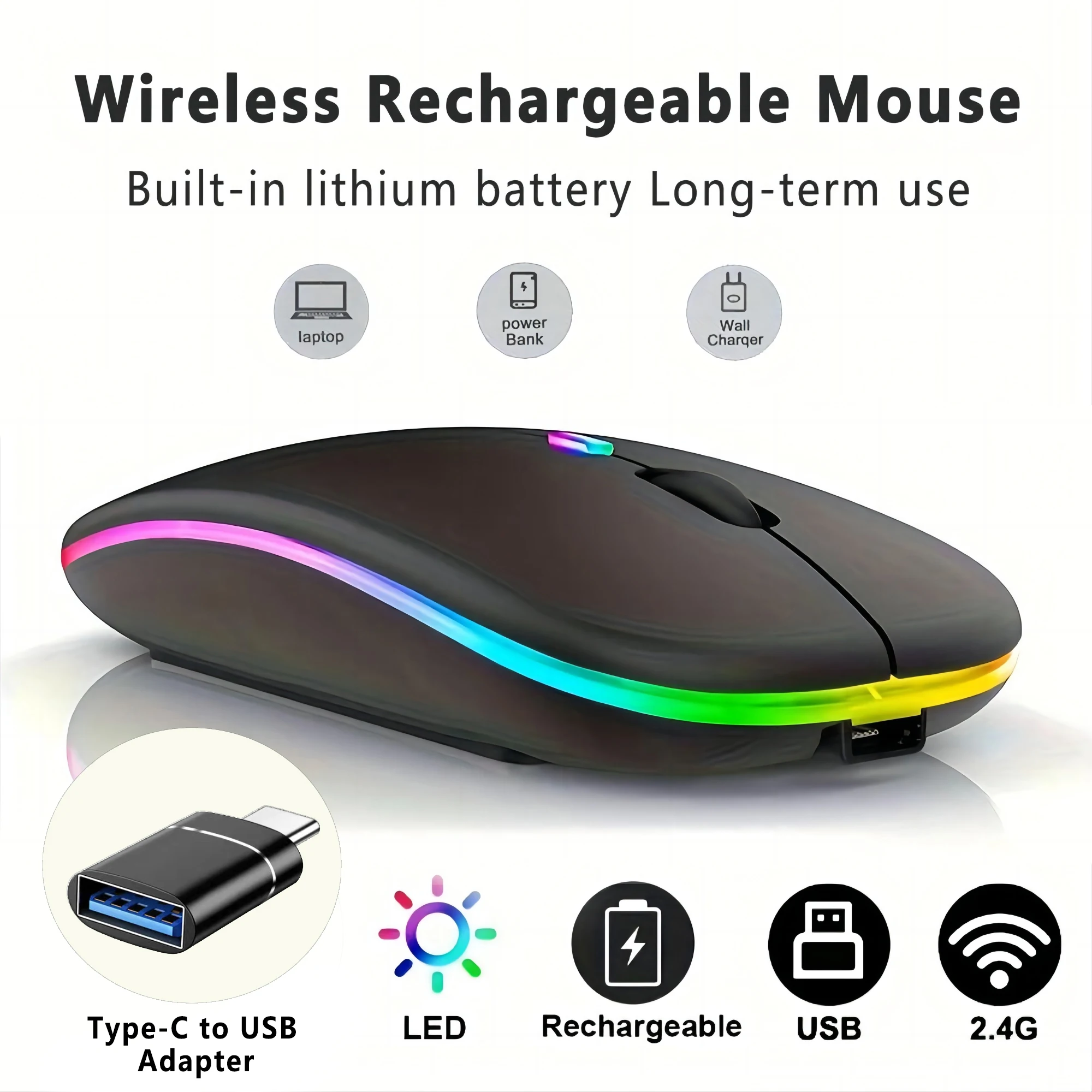 Mouse recarregável sem fio com luz de fundo LED Bluetooth com adaptador tipo C mouse para jogos adequado para MAC/Laptop/PC/Windows
