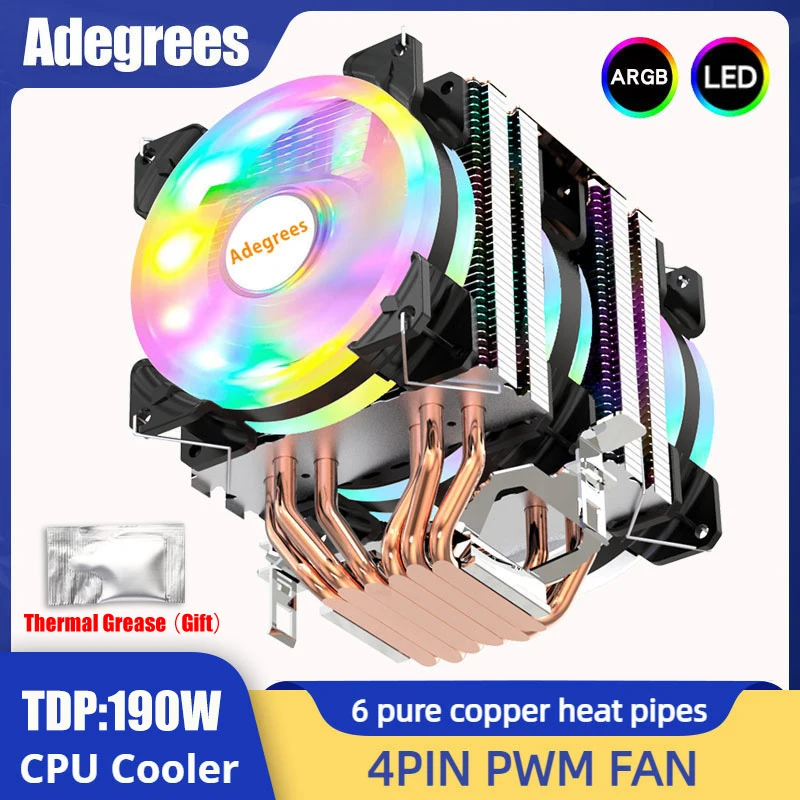 Cooler de CPU com 6 Heatpipes ARGB 4PIN, Ventoinha Silenciosa para Processadores Intel LGA 1151 1156 1200 1700 2011 X99 AM3 AM4 AM5, Radiador para PC