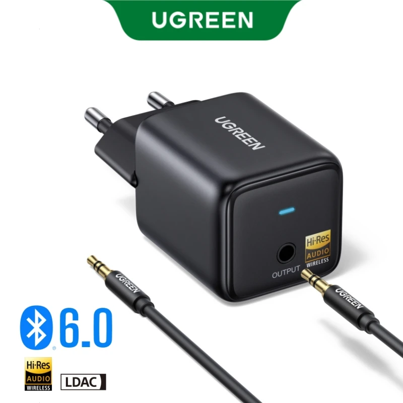 Receptor de Áudio Bluetooth 6.0 UGREEN, Certificado LDAC Hi-Res, Fonte de Alimentação Plug-In, Adaptador de Música Sem Fio de Alta Fidelidade com AUX de 3.5mm