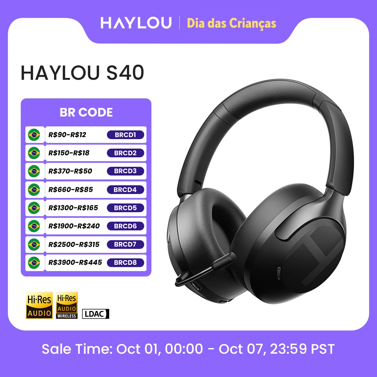 Fone de Ouvido Sem Fio HAYLOU S40 ANC com Cancelamento de Ruído de 50dB, Áudio Espacial 3D de Alta Resolução, Fone de Ouvido Bluetooth 6.0 Over Ear