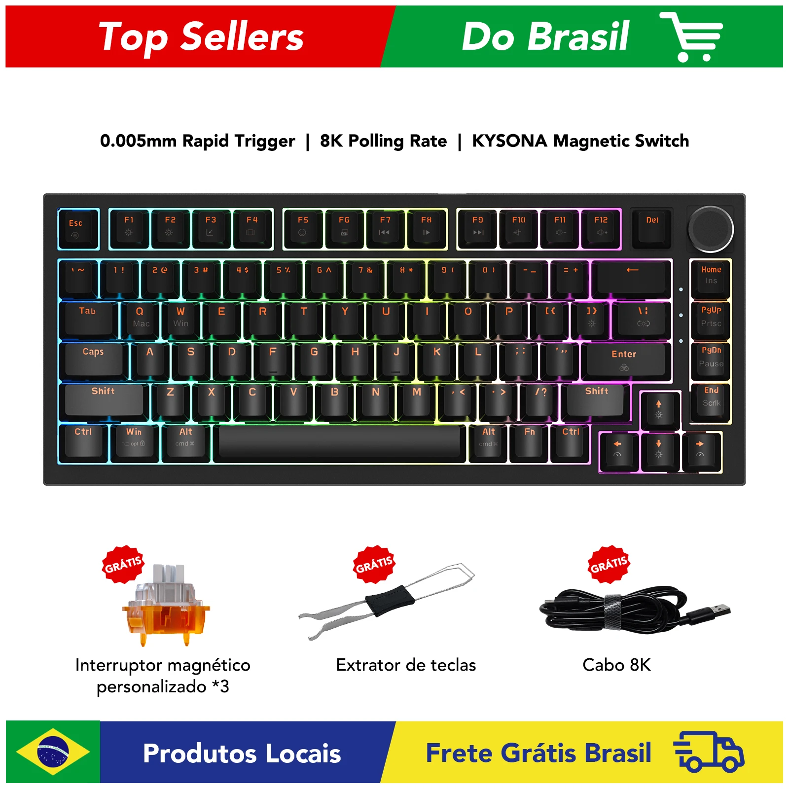 Teclado Mecânico Gamer KYSONA KM82 HE 75% com Fio, Switches Magnéticos, 82 Teclas, 8000Hz, PBT, Precisão de 0.005mm, Retroiluminação RGB Teclado Mecânico Gamer KYSONA KM82 HE 75% com Fio, Switches Magnéticos, 82 Teclas, 8000Hz, PBT, Precisão de 0.005mm, Retroiluminação RGB