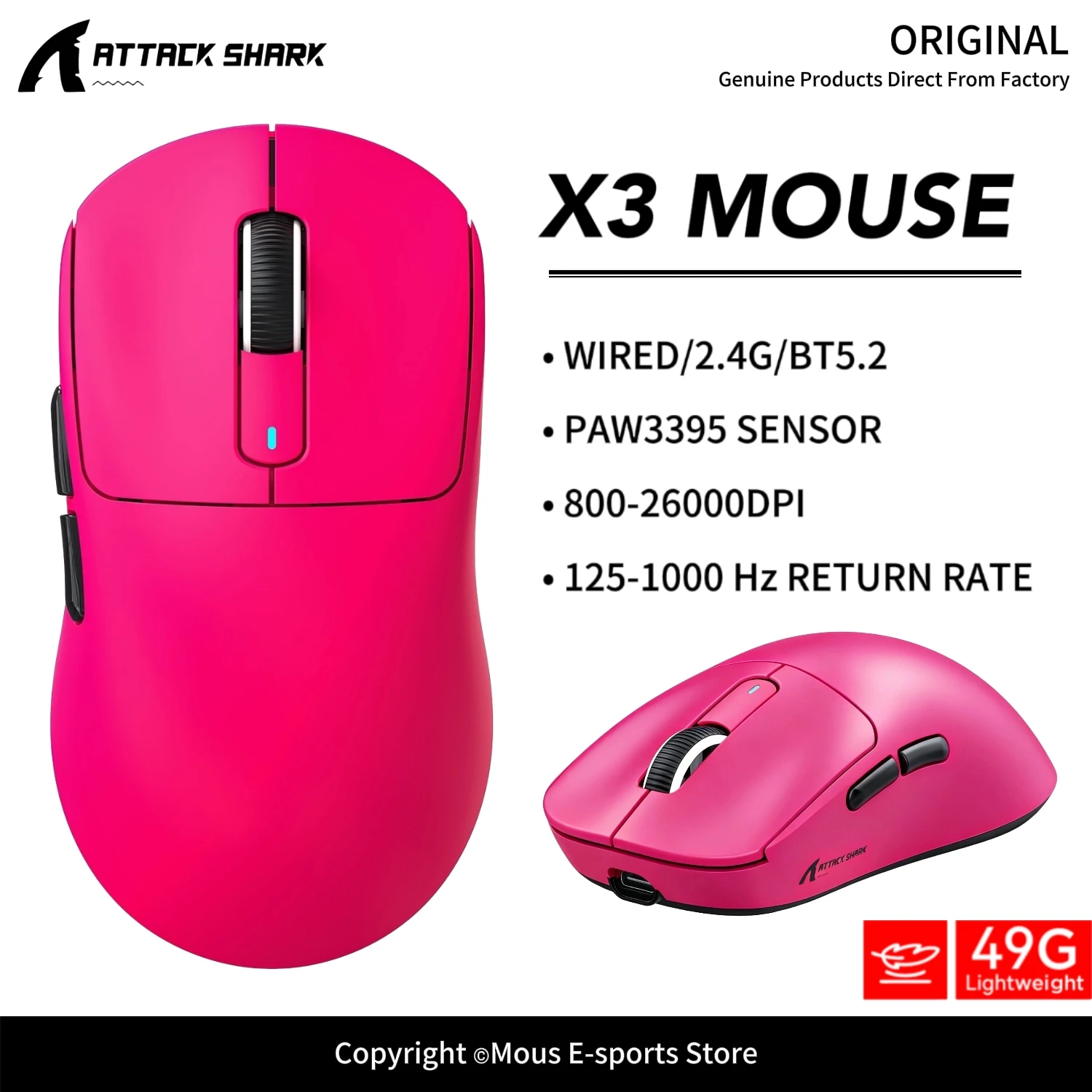 Mouse Gamer Bluetooth X3 ATTACK SHARK X3Pro com Sensor PAW3395, Encoder TTC, Switch Black Mamba e 1K/4K Hz para Mouse Sem Fio