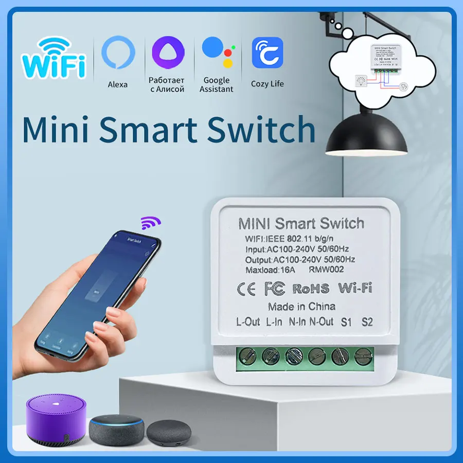 Mini interruptor inteligente wi-fi, aplicativo cozylife, controle remoto, 16a, 20a, módulo de automação, suporte para controle bidirecional, funciona com alexa, google home