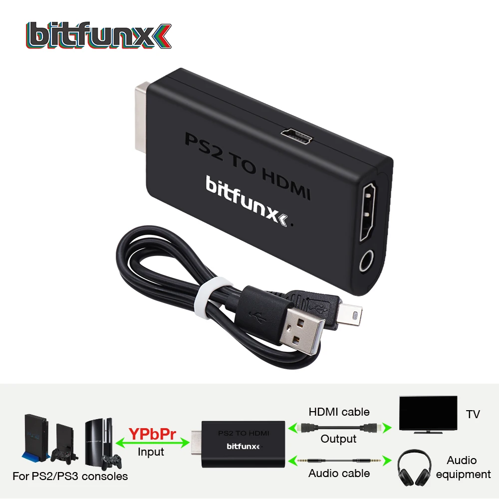 Adaptador de áudio e vídeo BitFunx HDMI para PS2, conversor compatível com HDMI para console de jogos PS2 480i/480p/576i/576P/720P/1080i