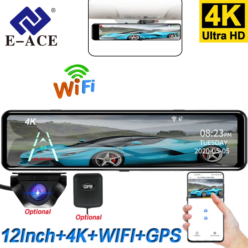 Câmera Veicular E-ACE 4K WIFI com Espelho Retrovisor de 12 Polegadas, Gravador DVR, Suporte para Câmera de Ré 1080P Sony, Acessórios para Caixa Preta Câmera Veicular E-ACE 4K WIFI com Espelho Retrovisor de 12 Polegadas, Gravador DVR, Suporte para Câmera de Ré 1080P Sony, Acessórios para Caixa Preta