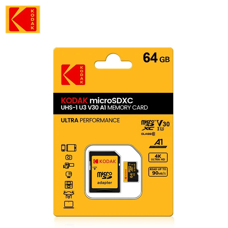 Cartão de Memória Micro SD KODAK ATÉ 100MB/s C10 U3 32GB 64GB 128GB 256GB Cartão TF 4K HD Para Adaptador de Leitor de Cartão USB Microsd