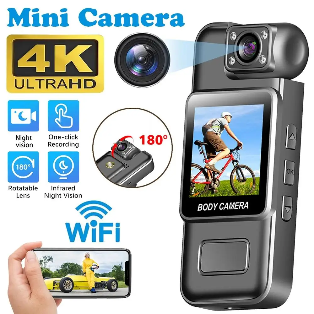 Câmera Digital Ultra HD 4K Wifi Mini Portátil para Registro de Vídeo de Segurança 180 ° Câmera de Esportes ao Ar Livre com Lente Rotativa