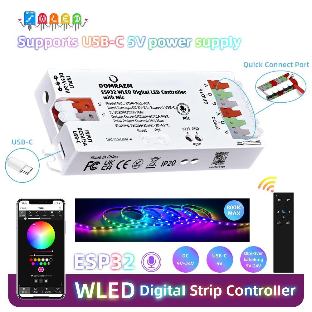 Controlador Digital de LED DOMRAEM ESP32 WLED WiFi com Microfone USB-C, Suporta WS2811 /2812B /2805 RGB IC, Funciona com HA MQTT Alexa